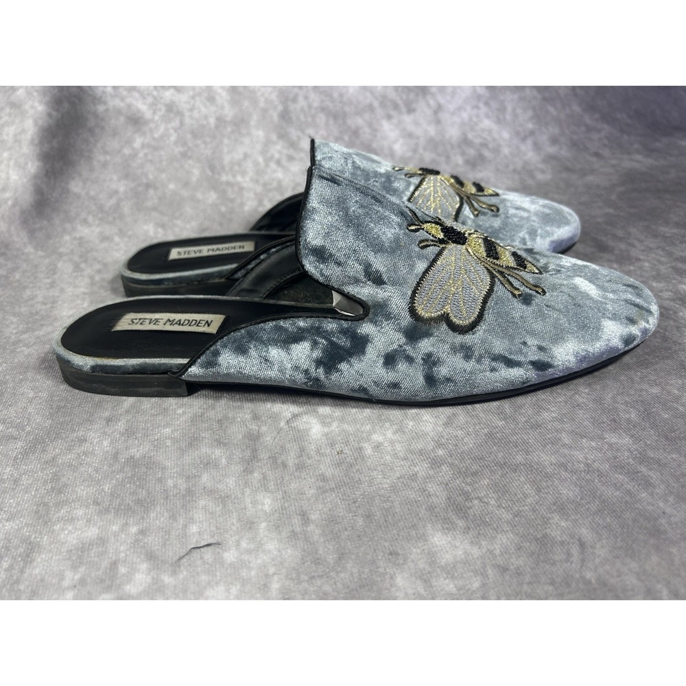 Steve Madden Women's 11M Blue Velvet Bee Embroidered Backless Mule Loafers - Picture 3 of 3
